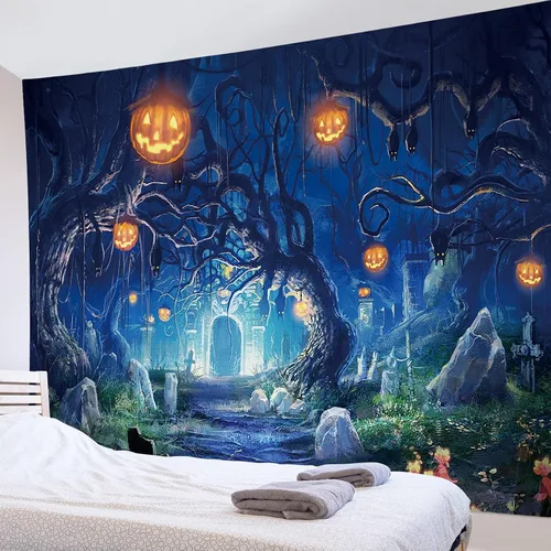 Miniatura 6 de HVEST Tapiz de noche de Halloween, tapiz para colgar en la pared, bosque embrujado con tumba y calabazas, manta de pared para dormitorio, sala