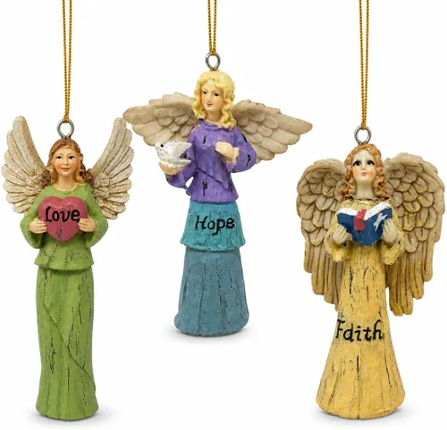 Faith Hope Love Angel Adornos de Navidad – Juego de 3 – Pintado a mano – Decoraciones de Navidad vintage, cada uno mide 4 pulgadas de alto x 2