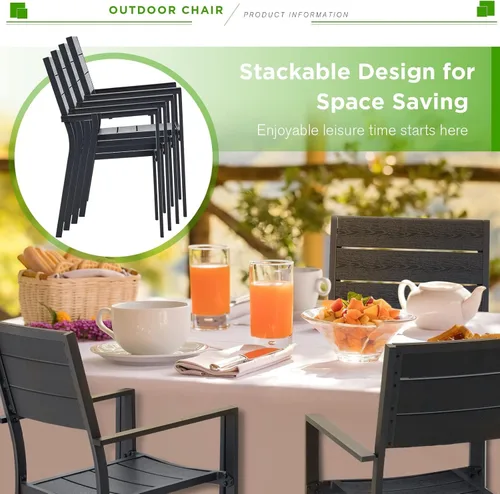 Miniatura 4 de AECOJOY 2 sillas de comedor al aire libre, silla apilable con marco de aluminio con reposabrazos para jardín, patio trasero, cubierta, juego de 2