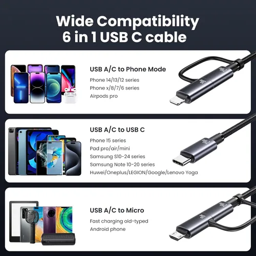 Miniatura 3 de Cable de carga múltiple de 240 W, cable USB C 6 en 1 de 4 pies, cables de carga rápida con puertos USB-C/A a conectores IP/tipo C/micro