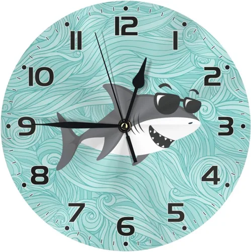 Miniatura 9 de Reloj de pared para niños con diseño de tiburón de dibujos animados, 10 pulgadas, silencioso, sin tictac, fácil de leer, reloj de pared para niños