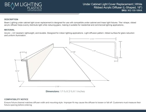 Miniatura 9 de Beam Lighting - Repuesto de cubierta de luz para debajo del gabinete, difusor acrílico acanalado blanco (forma de L, 18 pulgadas)