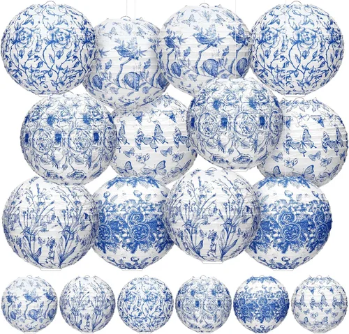 Miniatura 9 de Rossesay 12 faroles de papel costeros azules de 8 pulgadas, farol colgante de flores azules para interiores y exteriores, decoración náutica
