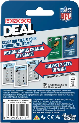 Miniatura 2 de Monopoly Deal NFL Edition Game Juego de cartas oficial de la NFL para familias y niños A partir de 8 años 2 a 5 jugadores 15 minutos