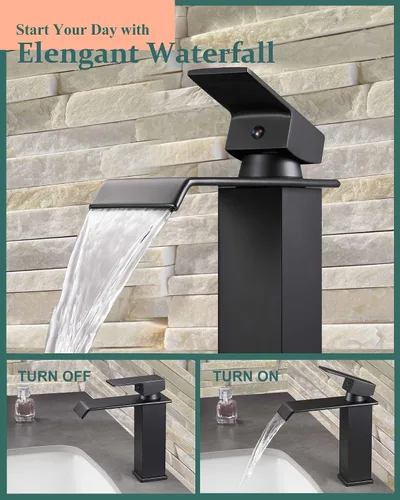 Miniatura 5 de Grifo de baño de cascada negro mate – Grifo de fregadero de acero inoxidable 304 de un solo orificio con drenaje desplegable de metal, diseño