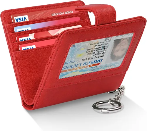 Miniatura 12 de FurArt Cartera plegable para mujer con 9 ranuras, bloqueo RFID, ventana de identificación, cartera compacta con llavero