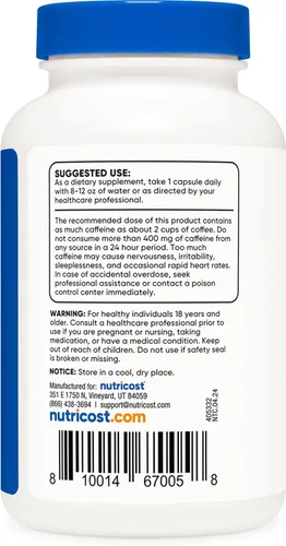Miniatura 4 de Nutricost - Cafeína Natural 200 mg, 250 cápsulas vegetarianas - Sin gluten, sin OMG