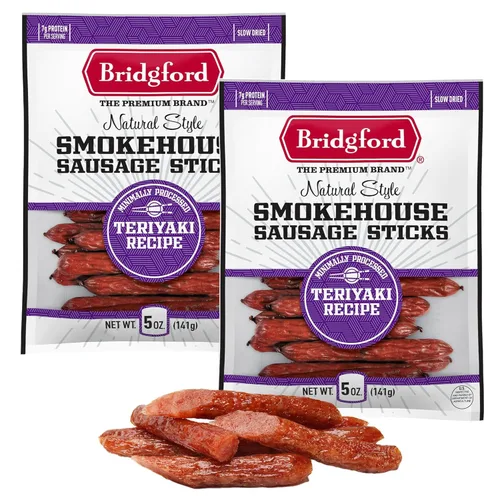 Bridgford Smokehouse - Palitos de salchicha Teriyaki de 5 onzas, paquete de 2 – Hecho con carne de res y cerdo – Sin gluten y alto contenido de