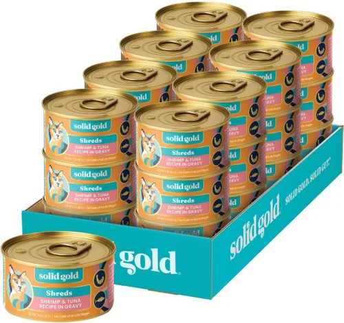 Miniatura 40 de Solid Gold comida húmeda para gatos desmenuzada con salsa - Alimento enlatado para gatos hecho con atún real y caballa - Sin granos de los Cinco