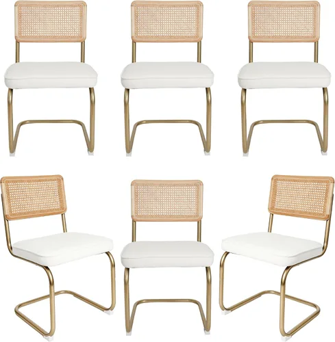 Miniatura 10 de CangLong Juego de 2 sillas de comedor de terciopelo, sillas de comedor de ratán con patas de metal y respaldo de ratán de malla natural, sillas