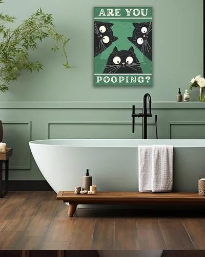 Miniatura 2 de UPWOIGH Decoración artística para pared de baño, arte divertido de pared con diseño de gato negro Are You Pooping, lienzo enmarcado de madera