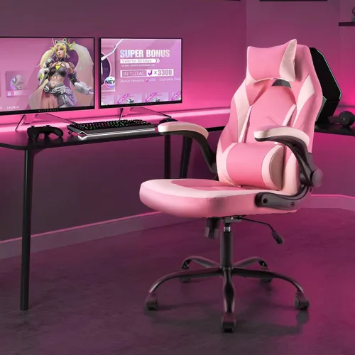 Miniatura 2 de Silla ergonómica de escritorio para juegos de computadora, piel sintética con soporte lumbar ajustable y reposacabezas, reposabrazos abatibles