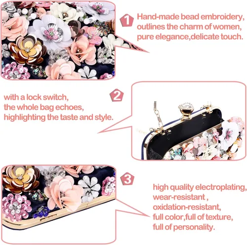 Miniatura 3 de BBTT.ful Las mujeres embragues flor noche bolso cadena correa hombro bolso bolso boda bolso bolso, Negro