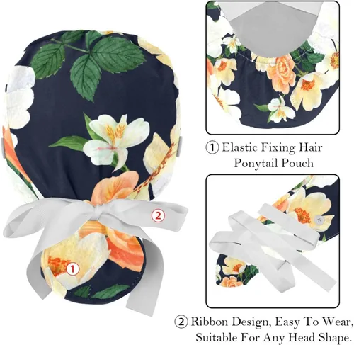 Miniatura 4 de 2 gorras de trabajo con botón para mujer, cabello largo, ajustable, elástico, con lazo en la espalda, gorras bouffant, flores de invierno
