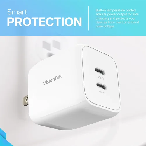 Miniatura 4 de VisionTek GaN II - Cargador rápido de pared de 45 W, puertos USBC duales, 2 veces USB-C, compatible con MacBook Air, iPad, iPhone, Galaxy, Steam