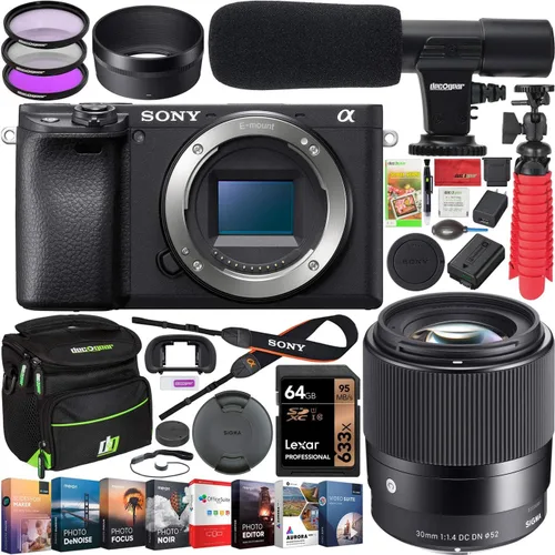 Sony a6400 - Cámara sin espejo 4K con cuerpo de cámara APS-C ILCE-6400B, paquete con lente Sigma 30mm F1.4 DC DN C + micrófono condensador Deco Gear
