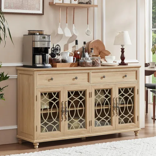 Miniatura 20 de Joaxswe Aparador de estilo rústico con almacenamiento, credenza grande de 59 pulgadas con 4 puertas de vidrio y 2 cajones, estantes ajustables, mesa