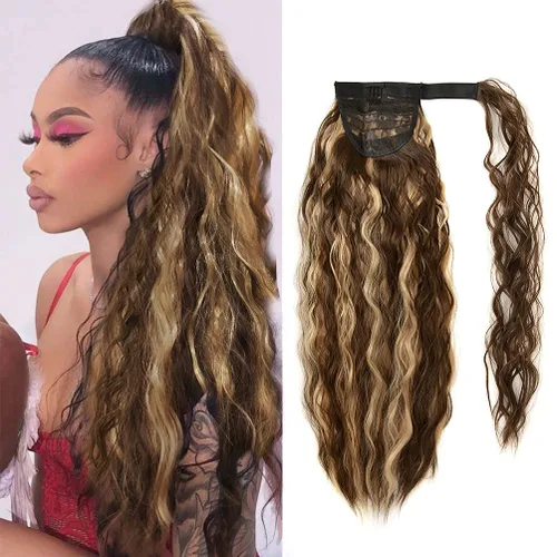 Miniatura 8 de Extensión de cola de caballo con clip de onda de maíz, 22 pulgadas de largo, ondulado, rizado, envolvente, resistente al calor, sintético, postizo