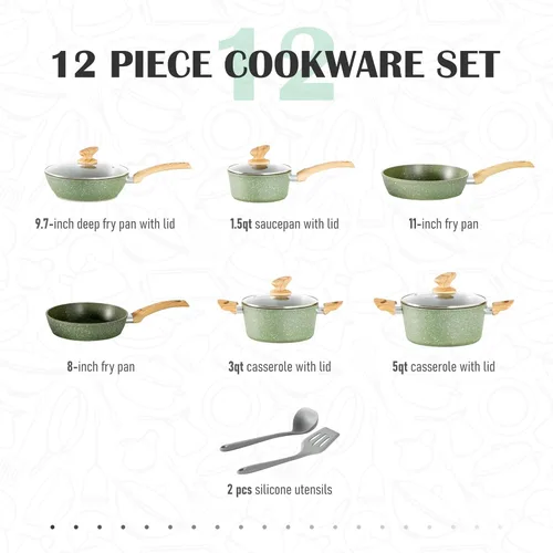 Miniatura 6 de MAISON ARTS Juego de ollas y sartenes antiadherentes, 12 piezas de granito verde para cocina, compatible con inducción, juegos de ollas y sartenes