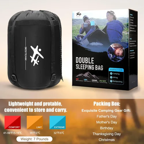Miniatura 5 de Saco de dormir doble de franela para adultos y niños, tamaño Queen para 2 personas con 2 almohadas, saco de dormir para clima cálido y frío