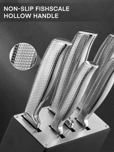 Miniatura 5 de FOHERE - Juego de cuchillos de cocina de 7 piezas con 5 afiladores integrados, juego de cuchillos de textura ondulada con bloque, juego de bloques