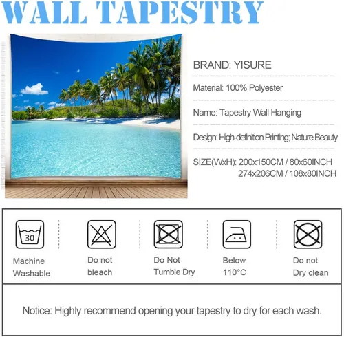 Miniatura 2 de YISURE Tapiz de playa oceánica para colgar en la pared, 80 x 60 pulgadas, diseño de palmera paraíso tropical, cocotero, decoración de pared hippie
