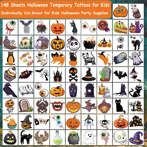 Miniatura 2 de CHARLENT 148 hojas de tatuajes temporales de Halloween para niños, tatuajes individuales de esqueletos de calabaza de Halloween para niños y niñas