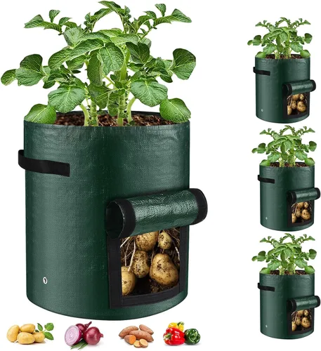 Juego de 3 bolsas de cultivo de 10 galones, macetas de tela de polietileno resistentes con solapa y asas, bolsas de plantación verdes para papas y