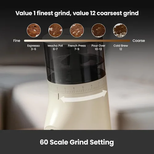 Miniatura 5 de Gemilai Molinillo de Café Eléctrico de Fresas Cónicas, Molinillo de Granos de Café con Temporizador Inteligente 60S, 60 Ajustes de Molienda Blanco