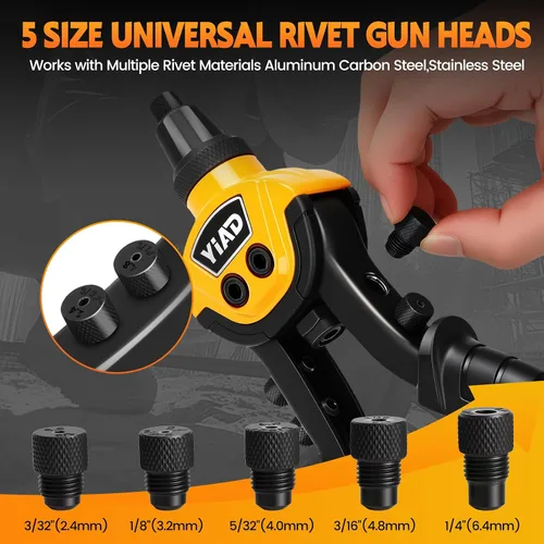 Miniatura 5 de Kit de pistola de remache, pistola remachadora de 10 pulgadas resistente con 250 remaches ciegos, herramienta de remachadora manual con 5 cabezales