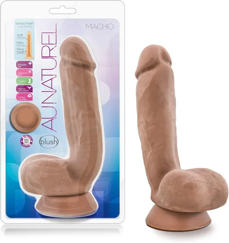Blush Au Naturel Macho - Consolador realista de 8.5 pulgadas con bolas, doble densidad, polla gruesa y realista, ventosa, compatible con correa, eje