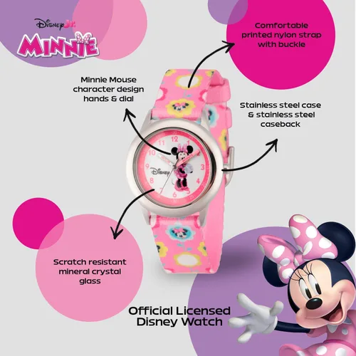 Miniatura 2 de Disney Minnie Mouse Watch for Girls – Cute Minnie Watch for Kids 3-5 with Stainless Steel Bezel & Pink Leather Strap – Adorable Mouse Watches
