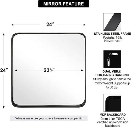 Miniatura 2 de ANDY STAR Espejo de pared cuadrado para baño, espejo de baño negro mate de 24 x 24 pulgadas, espejo de metal de esquina redondeada en marco de acero