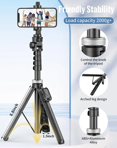 Miniatura 5 de Trípode para selfie para teléfono: soporte para teléfono para grabación, Bluetooth Selfie Stick para iPhone compatible con Android