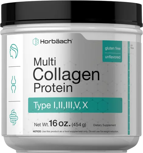 Horbäach Proteína en polvo multicolágeno de 16 onzas | Tipo I, II, III, V, X | Sin sabor | para hombres y mujeres | Suplemento sin OMG, sin gluten