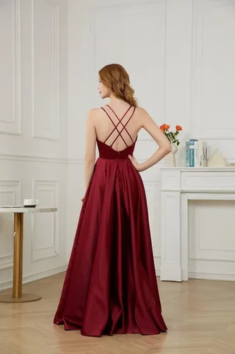 Miniatura 3 de Molisa Vestidos de fiesta de satén con cuello en V para mujer, con tirantes delgados, vestidos formales de fiesta de noche con bolsillos