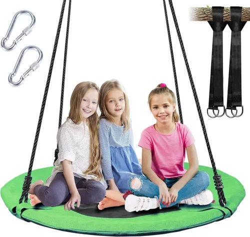 Miniatura 11 de Columpio de árbol de platillo de 40 pulgadas para niños, columpio redondo al aire libre con correas para colgar y cuerdas ajustables, fácil montaje