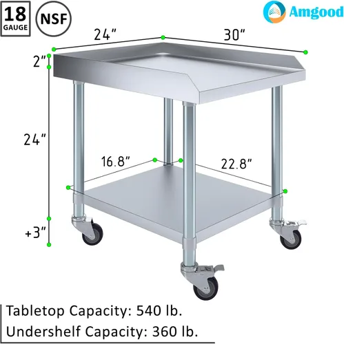 Miniatura 3 de AmGood Soporte para equipo de acero inoxidable con estante inferior + ruedas, resistente, grado comercial, certificado NSF