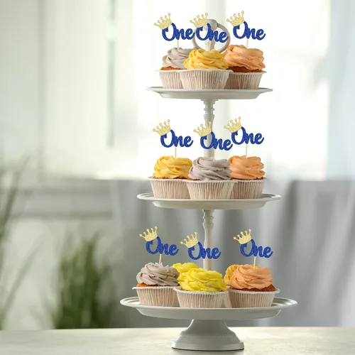 Miniatura 4 de Gyufise 24 piezas de decoración para cupcakes de primer cumpleaños, corona con purpurina, para baby shower, 1er cumpleaños, decoración de tartas