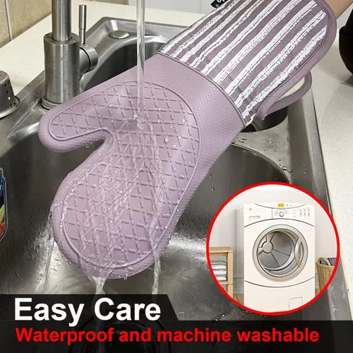 Miniatura 6 de Alselo Guantes de horno de silicona resistentes al calor 932℉ con impermeables y antideslizamiento, juego de 2 guantes de horno extra largos