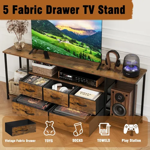 Miniatura 3 de Soporte de TV para televisores de hasta 75 pulgadas, mesa consola industrial de TV con 5 cajones de tela y 3 estantes abiertos, centro