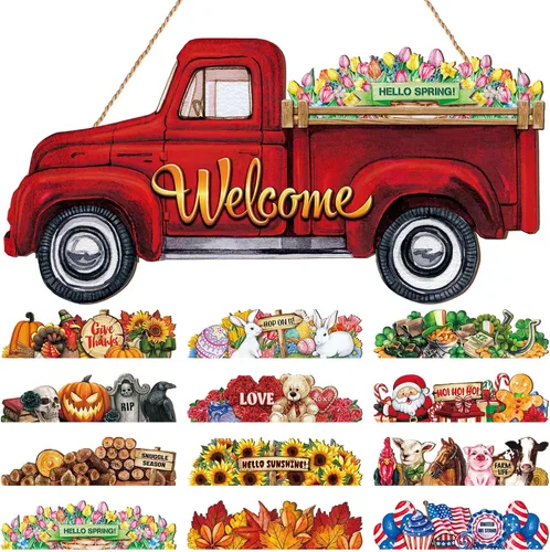Miniatura 8 de Ferraycle Letrero de bienvenida patriótico intercambiable del 4 de julio, colgador de puerta de camión rojo con 12 letreros de temporada, decoración