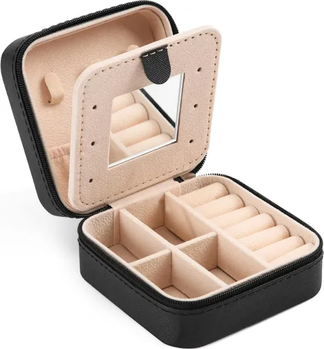 XZUZ Joyero de viaje pequeño con espejo, organizador de joyas portátil, caja de almacenamiento para aretes, anillos, collares, joyería ase para