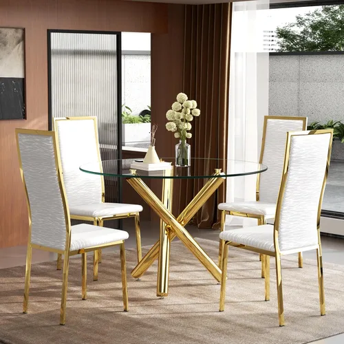Miniatura 34 de Moderno juego de mesa redonda de cristal para 2, juego de mesa de cocina de círculo pequeño de 36 pulgadas con 2 sillas de comedor de piel sintética