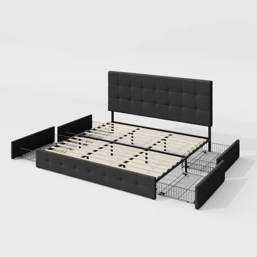 Miniatura 9 de Allewie - Base de cama con plataforma de tamaño King, tapizada, con 4 cajones de almacenamiento y cabecera, diseño cosido en cuadrados con botones