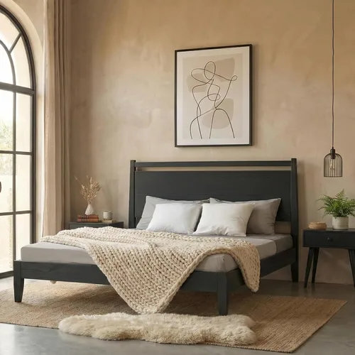 Miniatura 7 de NTC Adept Marco de cama de madera con cabecero, base de madera de roble macizo y caucho con listones silenciosos y soportes centrales de madera