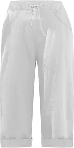 Miniatura 2 de Stessotudo Capris para mujer, pantalones casuales de lino elásticos de cintura alta con bolsillos, pantalones anchos y recortados, pantalones