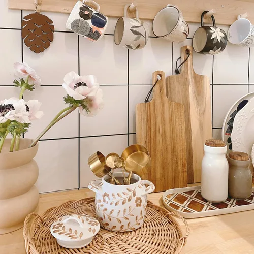 Miniatura 3 de Juego de tazas y cucharas medidoras Muchtolove de 8, taza medidora de acero inoxidable dorada con mango de madera, para Dorado