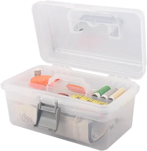 Miniatura 4 de Caja de almacenamiento de plástico multiusos con asa y cerradura de pestillo, gris transparente Transparente/Gris