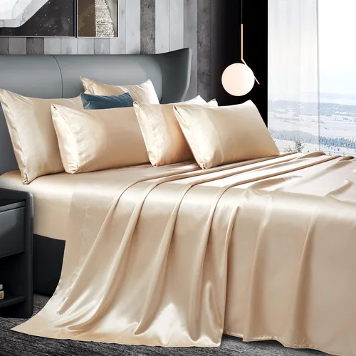 Manyshofu Juego de sábanas de satén beige de 7 piezas, tamaño King, ropa de cama lujosa y suave de satén, 1 sábana bajera, 1 sábana encimera, 4